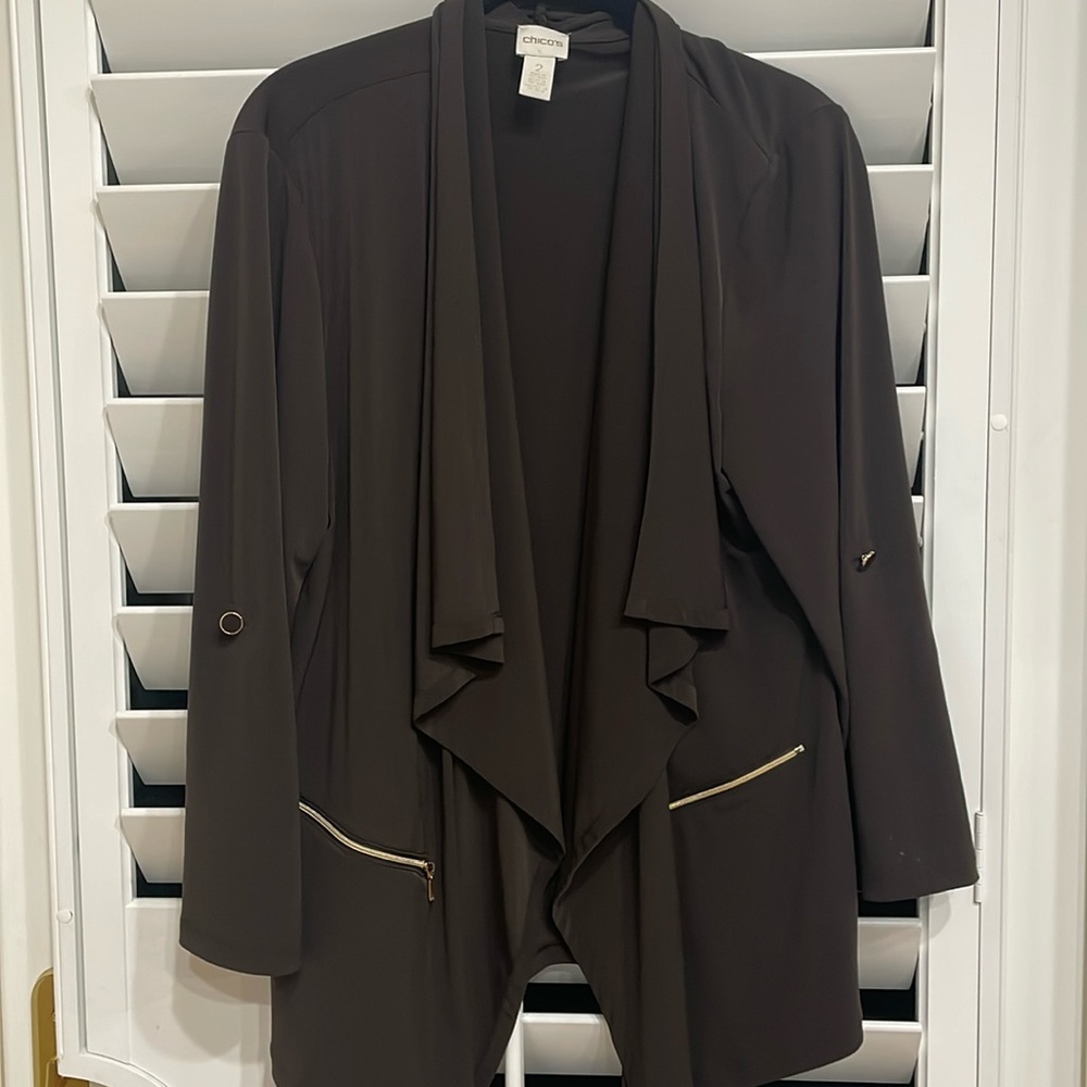 Chico’s Brown Jacket 3/4 or short sleeves, Chicos size 2 the same as 12/14.
